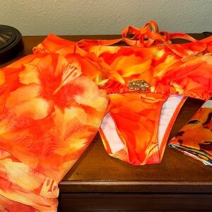 Vibrant Orange Floral Bikini Set with cover up